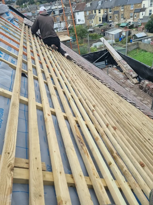 New timber battens over roof underlay during the Dover roof replacement