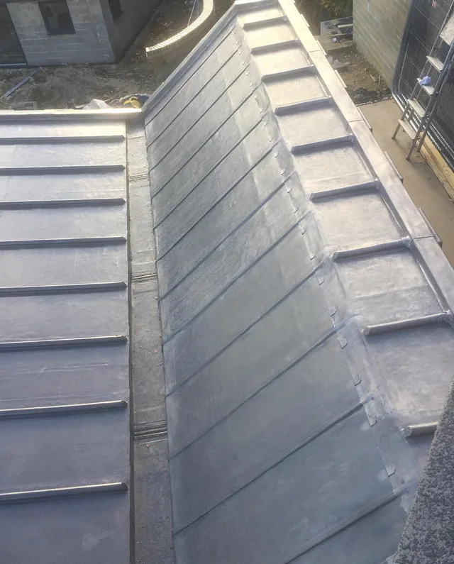 Detail of raised seams at the junction between extension roof sections